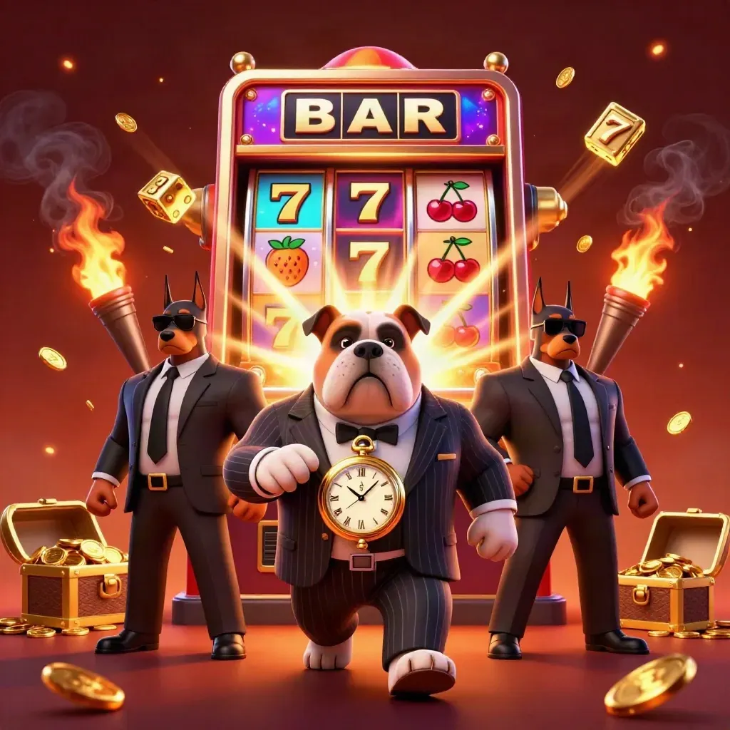 Bulldog mafia boss with Doberman guards amid exploding slot symbols, gold coins, and jackpot glow