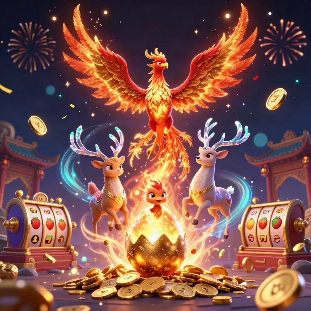 Fire phoenix, hatching baby phoenix, and crystal stag amid coins, reels, fireworks, and casino magic.