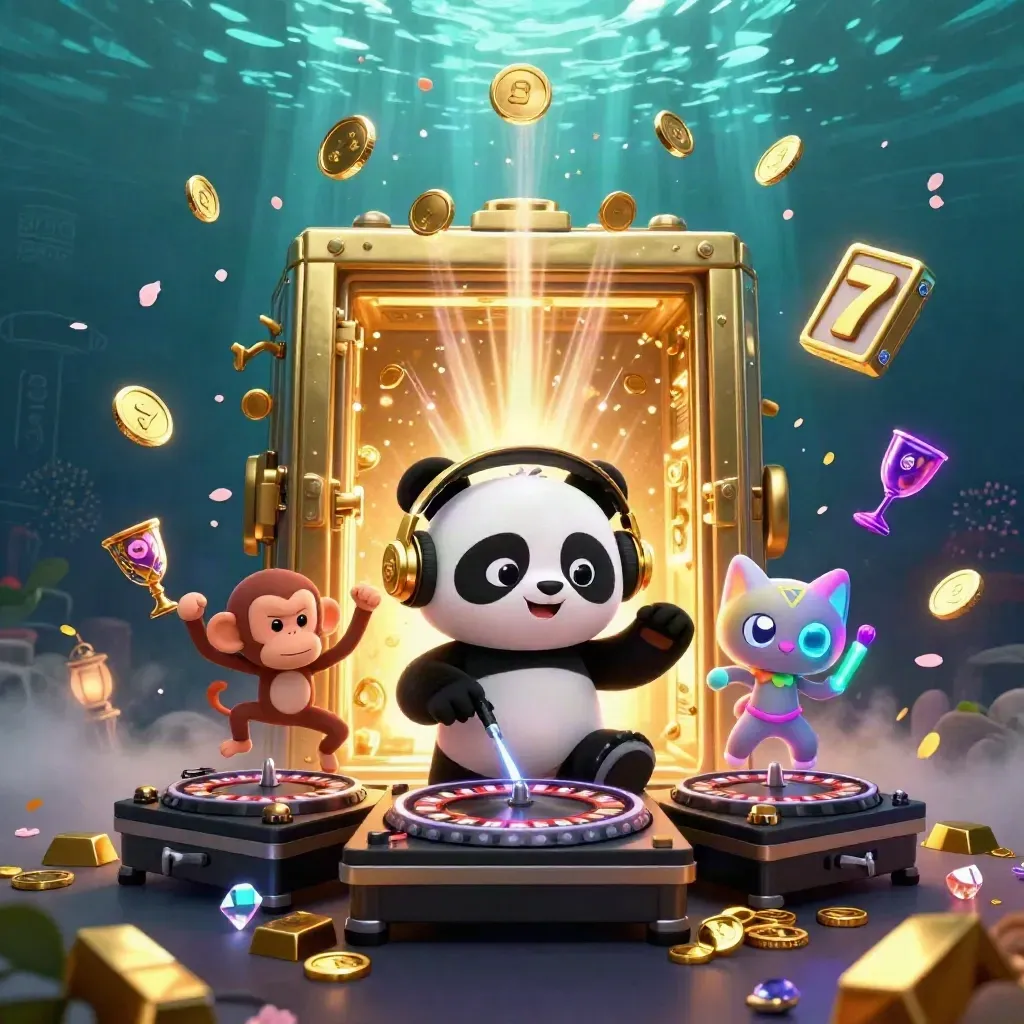 DJ panda, monkey, and kitten burst from a gold vault amid coins, gems, and neon slot symbols.