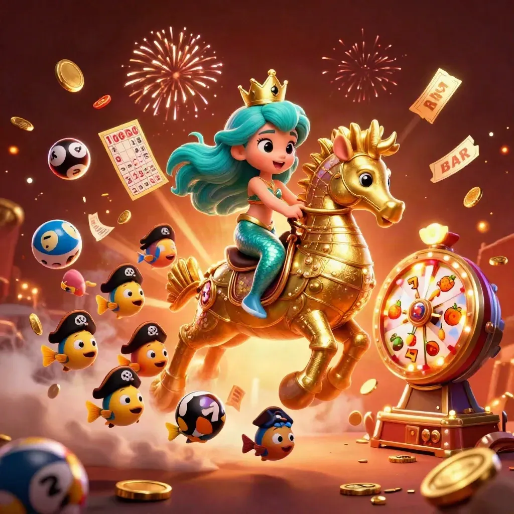 Mermaid princess on armored seahorse amid jackpots, coins, fireworks and casino symbols.