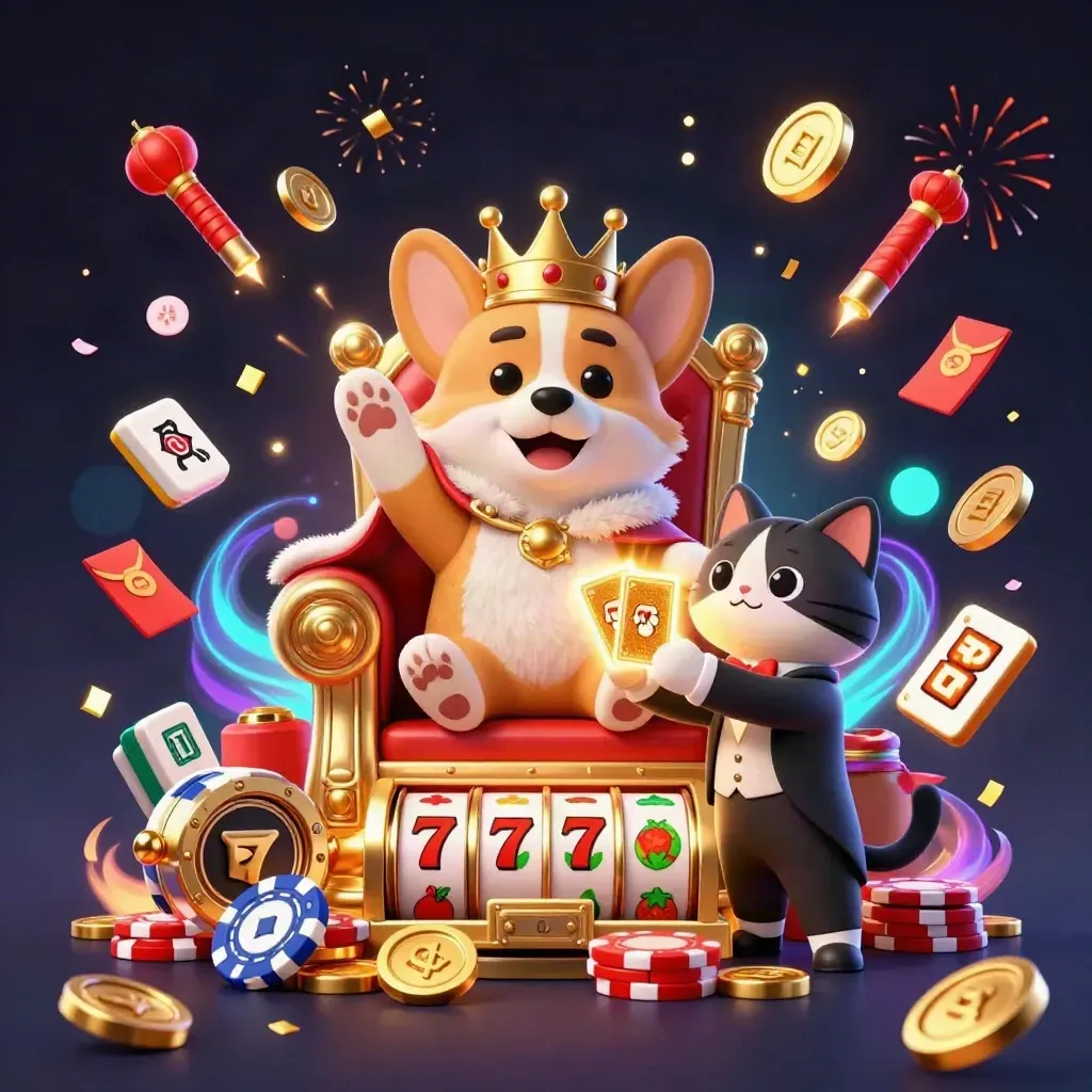 Corgi king and cat butler amid jackpot coins, lanterns, fireworks, and slot symbols