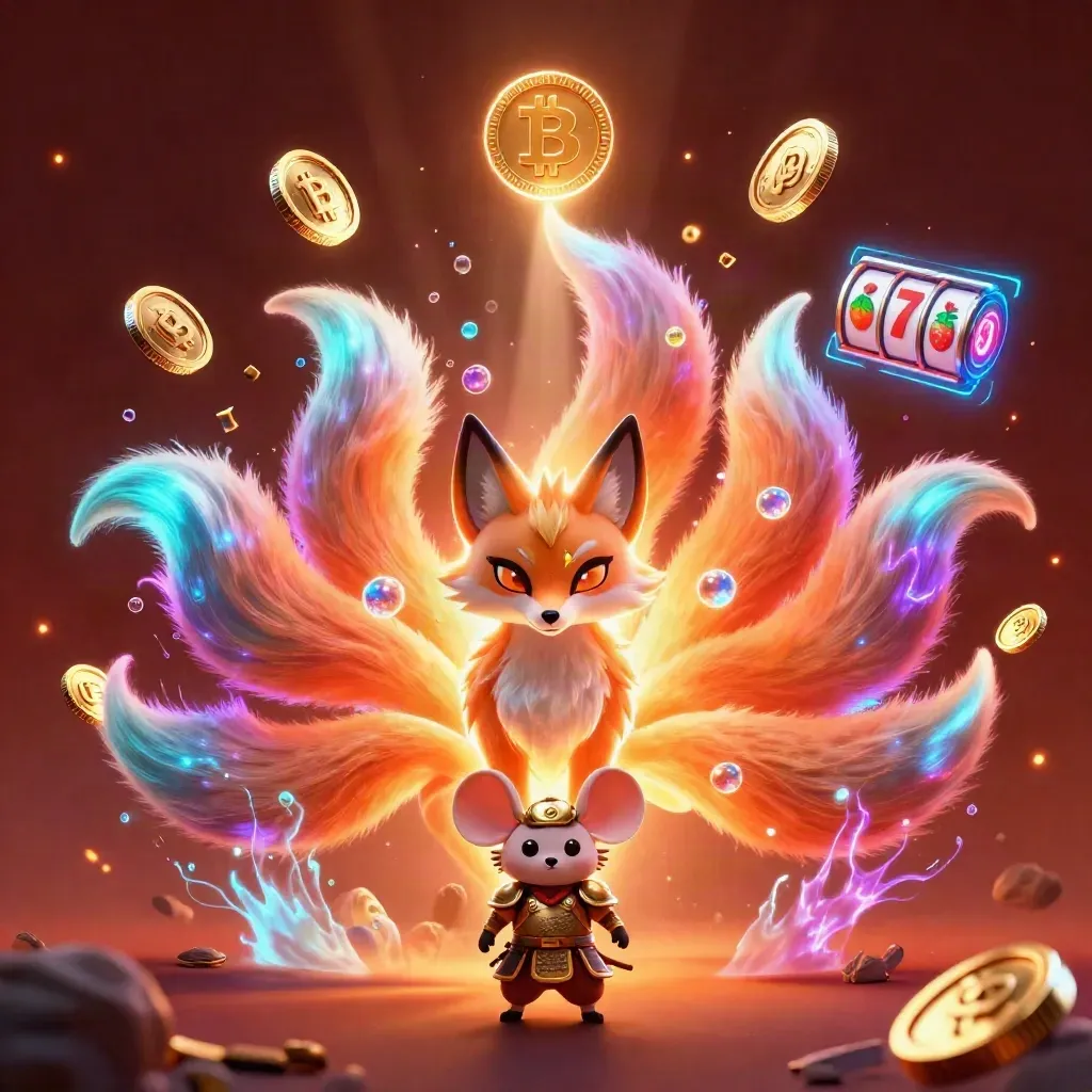 Neon nine-tailed fox spirit with gold-armored mouse amid jackpot coins and casino glow.