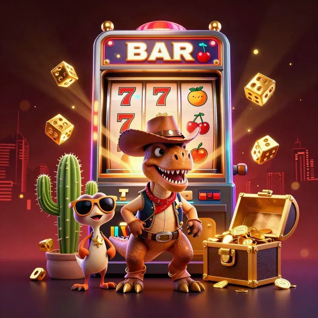 Cowboy T-Rex, cactus sidekick, and roadrunner amid exploding slot jackpots