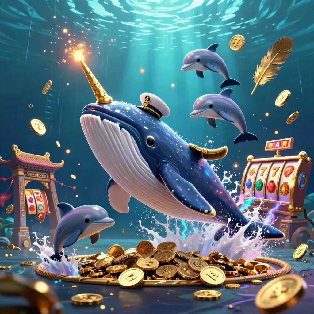 Whale captain, narwhal, and dolphins blast through gold coins in a neon underwater casino scene.