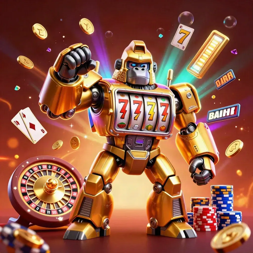 Golden gorilla mech with reels, tiny monkey pilot, coins, chips, roulette wheel, neon glow