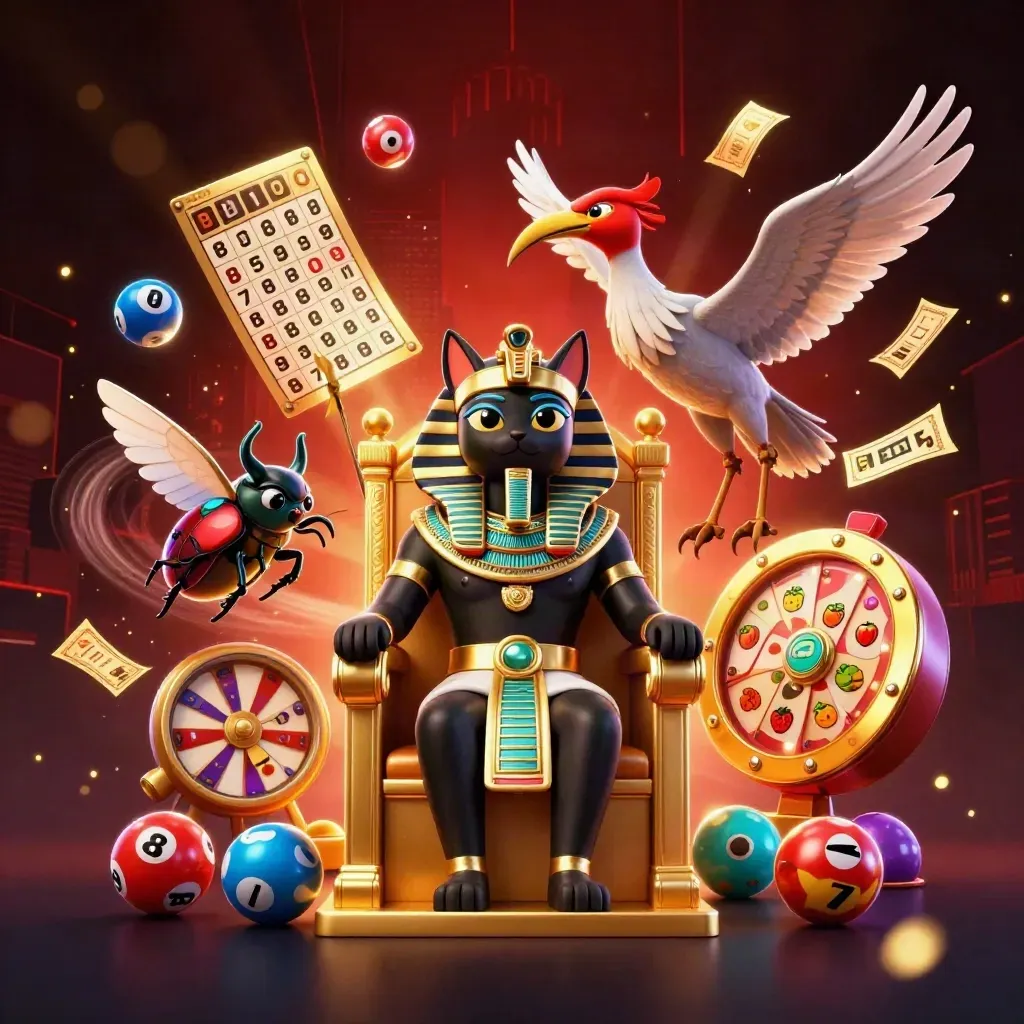 Pharaoh cat, ibis, and scarabs amid jackpots, balls, reels, and gold glow.