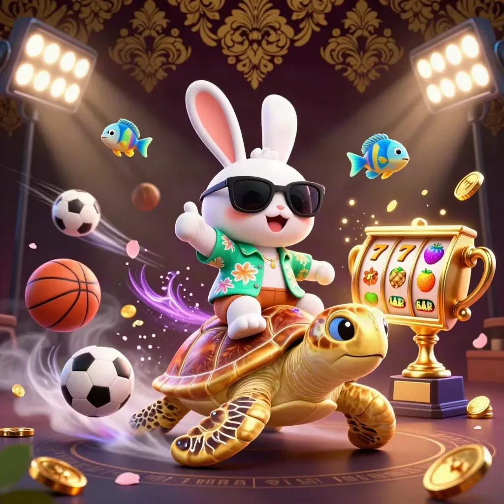 Lucky rabbit rides a golden sea turtle amid coins, slots, and neon casino lights.