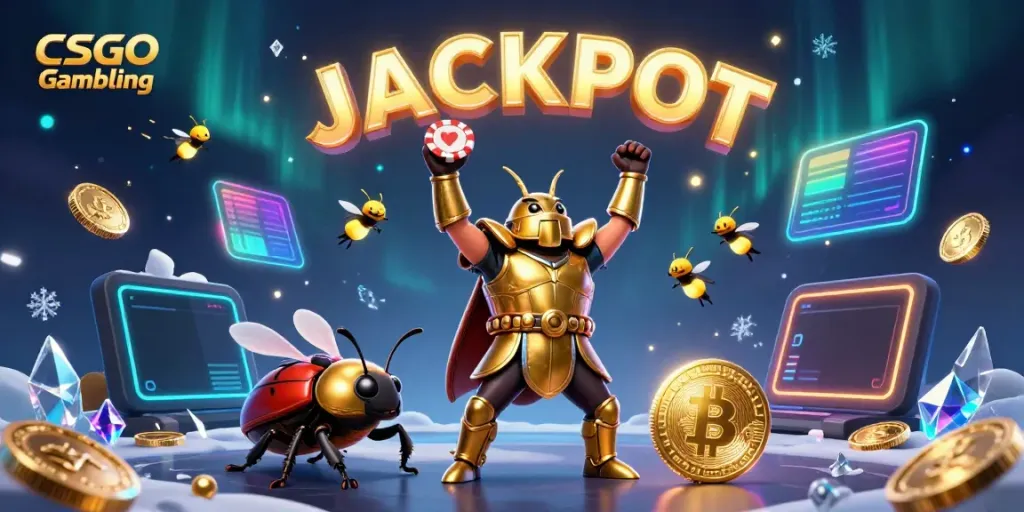Win big with CSGO Gambling as a Hercules beetle celebrates victory amidst vibrant crypto elements.