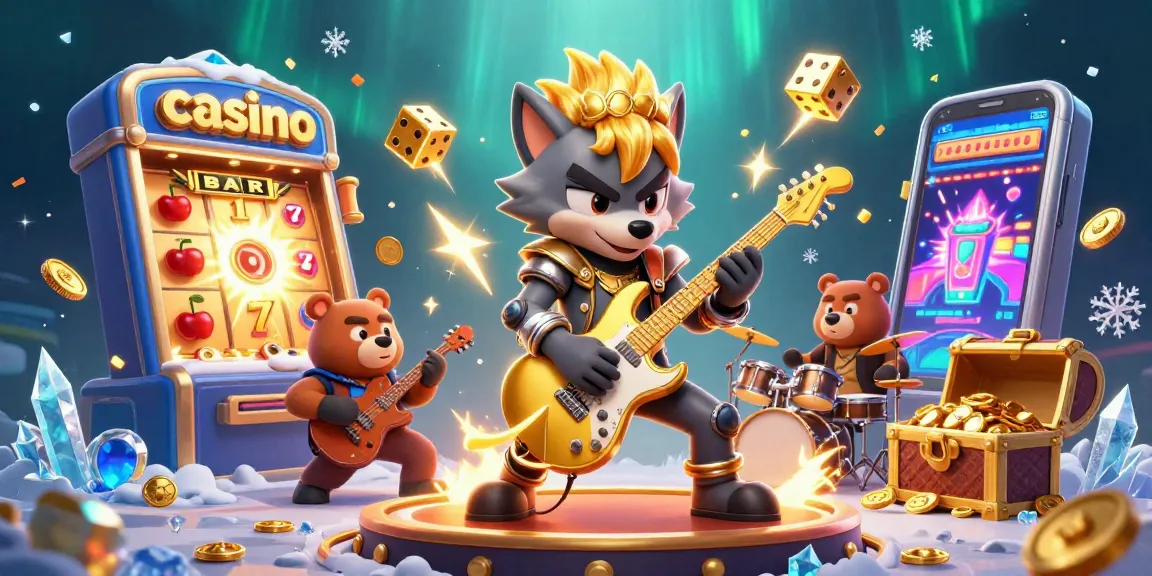 Casino scene with a rock star wolf and a bear drummer celebrating a jackpot explosion.