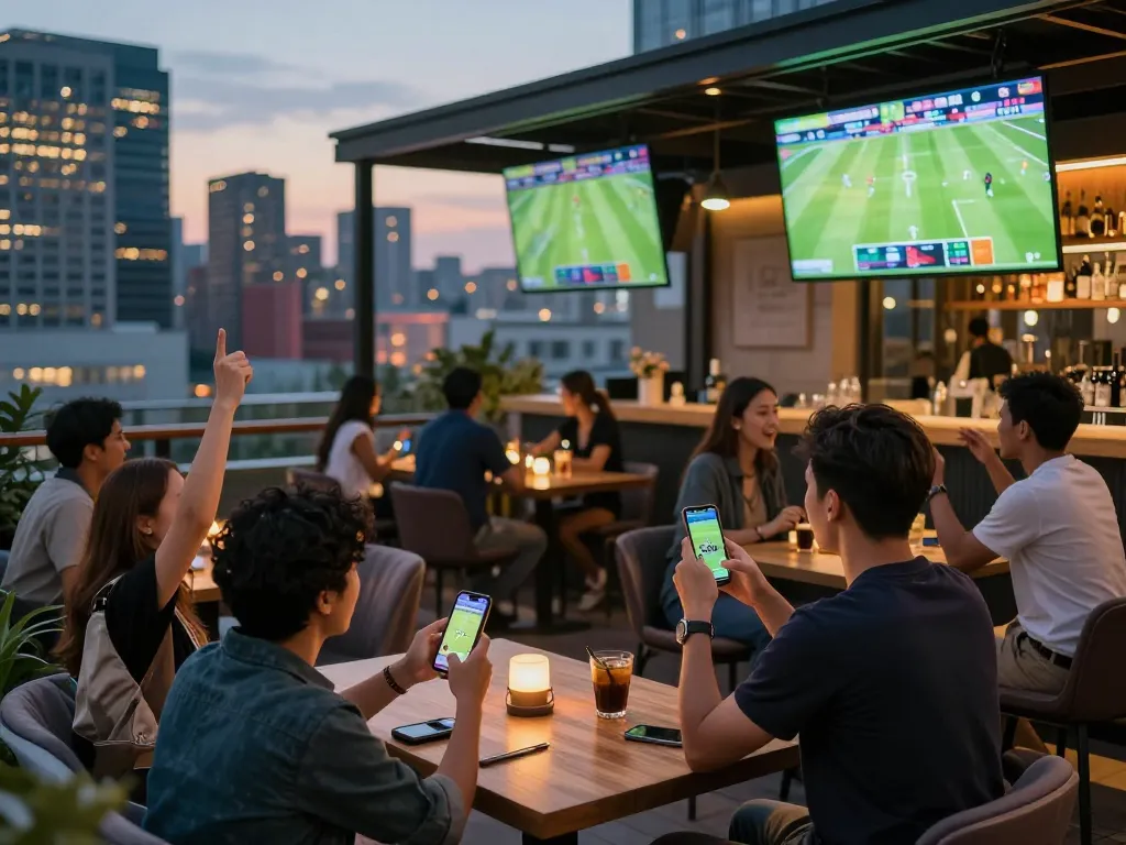 Exciting live sports betting scene at a rooftop bar with patrons wagering on lc88