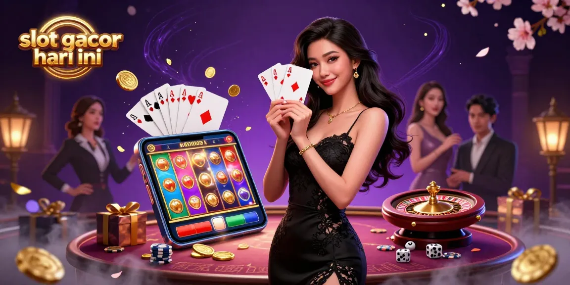 Rasakan slot gacor hari ini dengan pemandangan menawan seorang wanita anggun yang memegang kartu permainan di suasana kasino yang mewah.