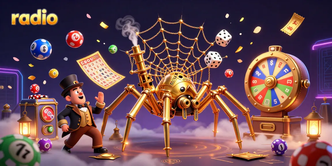 Radio-inspired lottery balls and a steampunk spider creating dynamic gambling excitement in a vibrant casino scene.