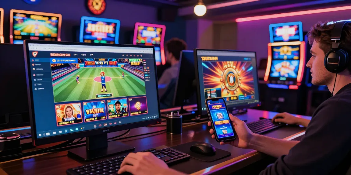 Players enjoying OPEN888 online gaming on desktops and smartphones amidst a vibrant atmosphere.