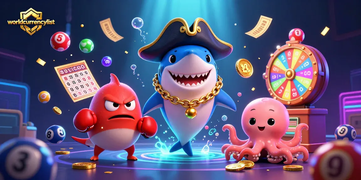 Engage with vibrant lottery elements in this worldcurrencylist illustration featuring playful casino characters.