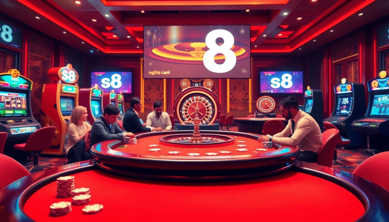 S8 nhà cái online casino interface showcasing poker, slots, and roulette in a luxurious setting.