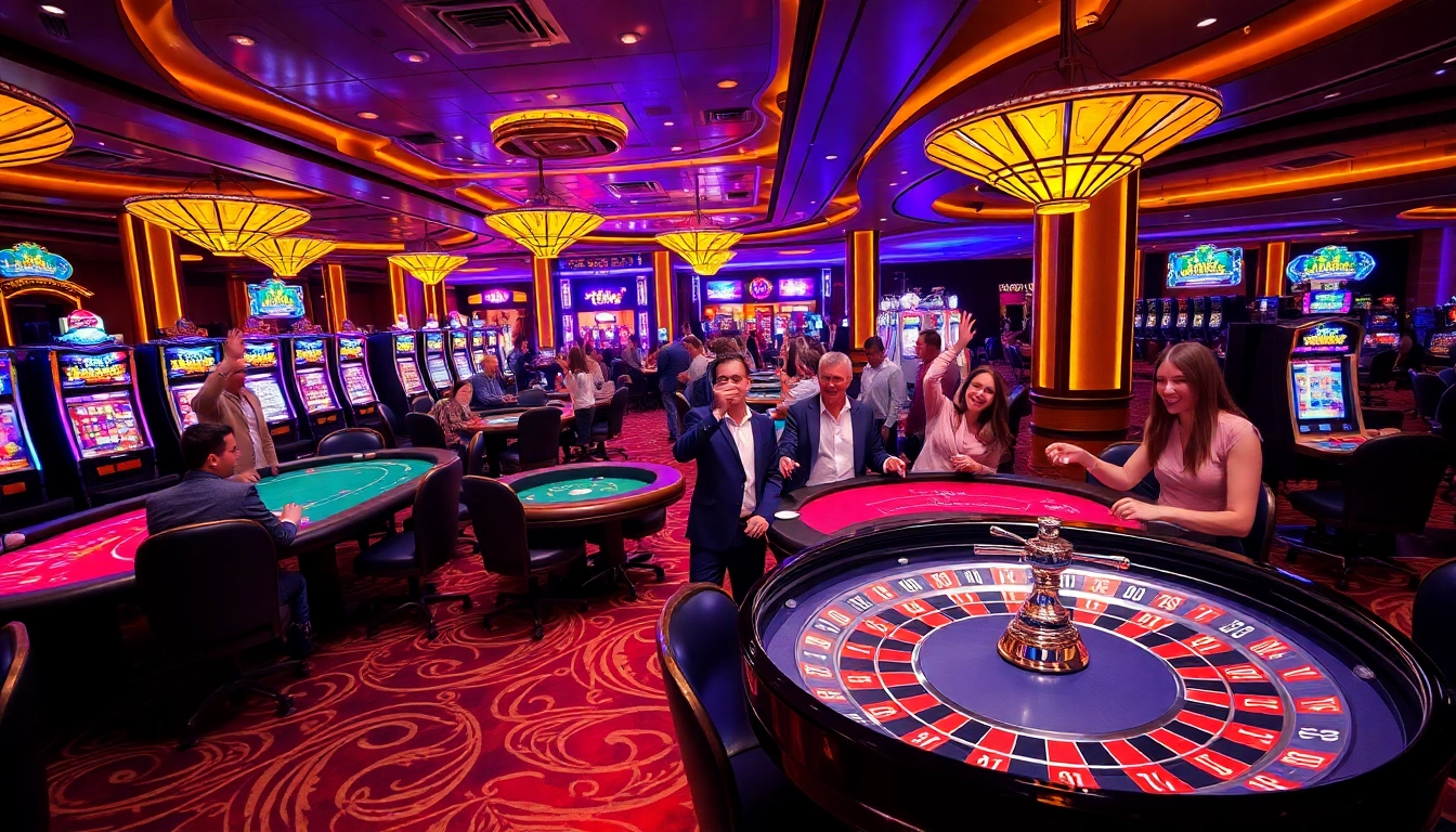 Gamblers enjoying a thrilling experience at xx88tv.com casino with poker tables and slot machines.