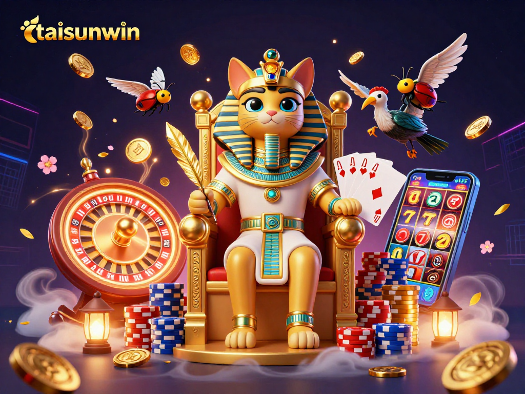 Experience exciting gameplay with taisunwin's vibrant casino scene featuring lucky sevens and a pharaoh cat mascot.
