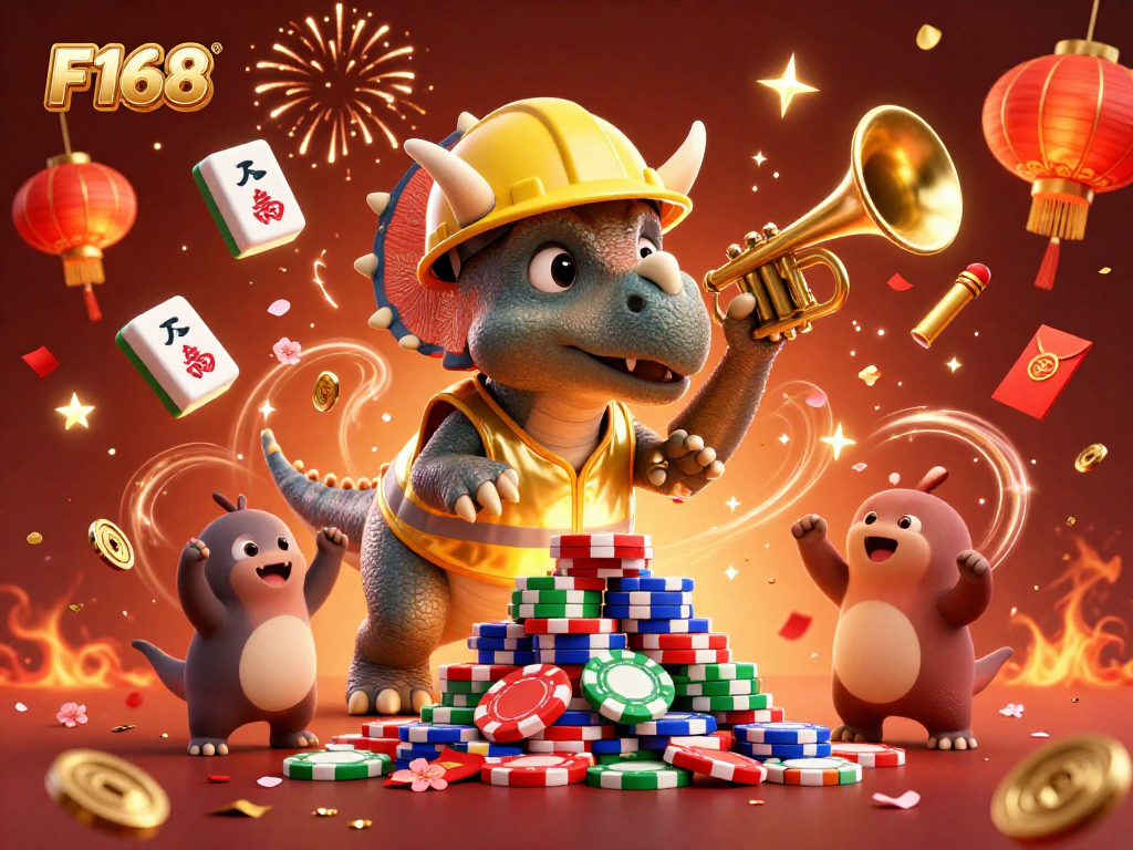 Experience F168 gaming excitement as triceratops build poker chip towers amid festive celebrations.