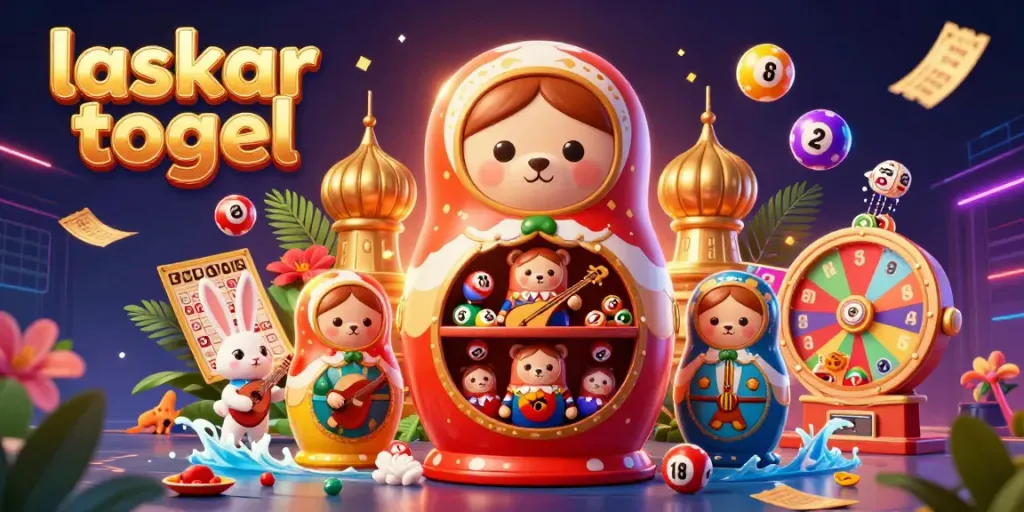 Laskar togel dynamic lottery scene with cartoon bears and casino themes, vibrant colors and elements.