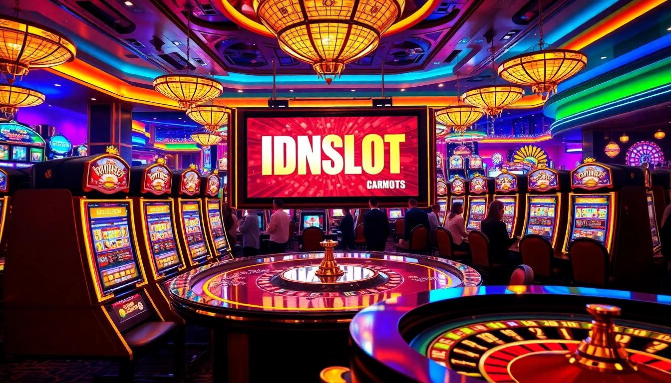 Players enjoying the excitement of idnslot at a luxurious casino with vibrant slot machines.