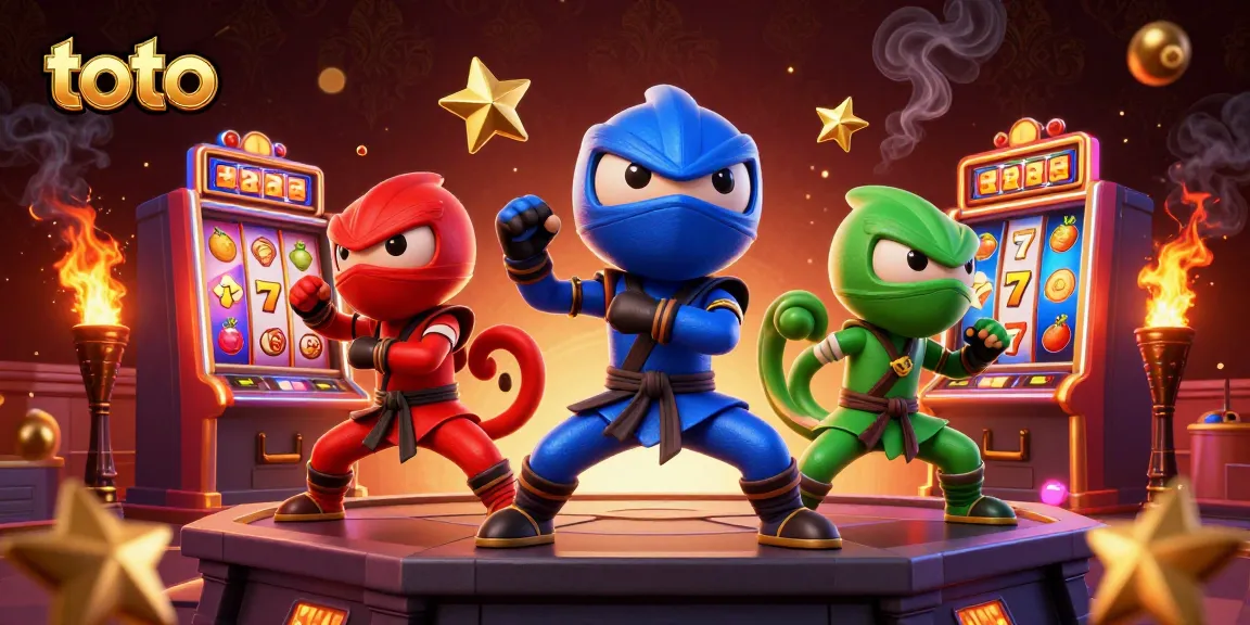 Engage in thrilling toto slot battles with colorful ninja chameleon characters and vibrant game elements.