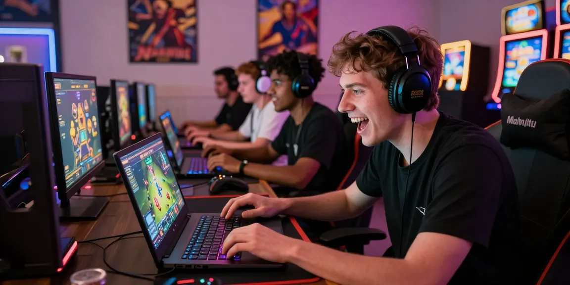 Diverse group enjoying online gaming on Mahajitu platform, showcasing excitement and camaraderie.