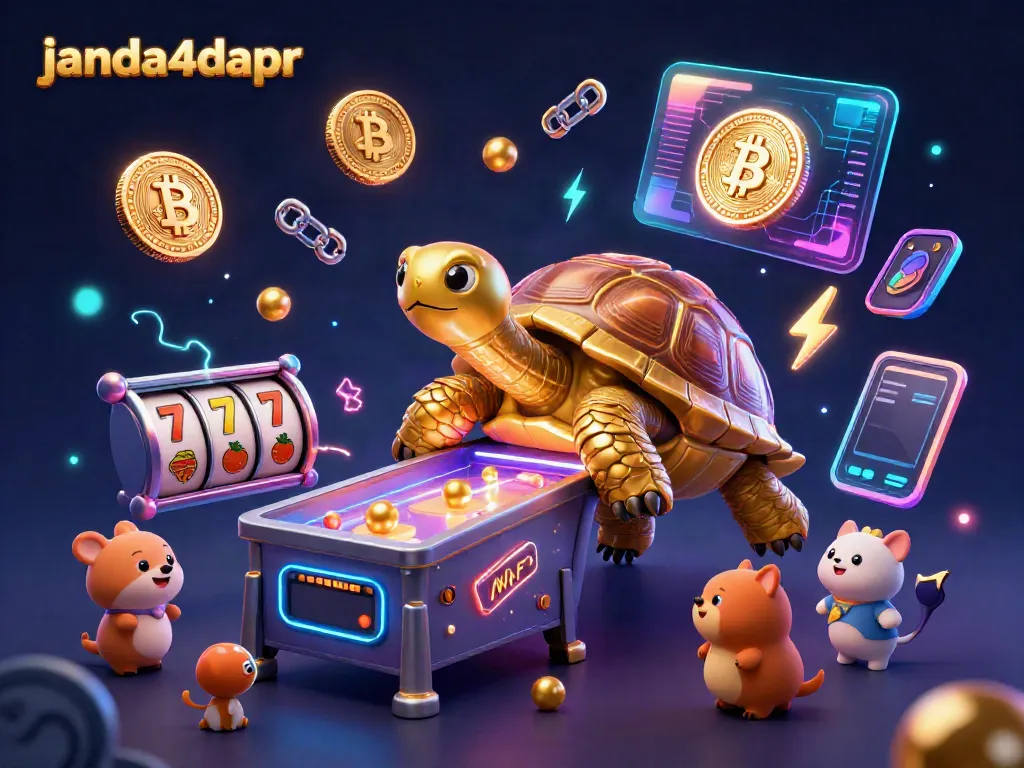 Permainan slot digital janda4dapr dengan karakter kura-kura kolosal dan koin kripto yang bersinar.