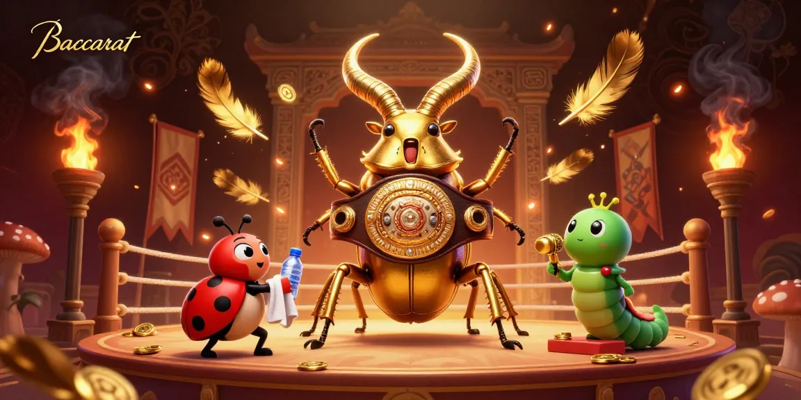 Baccarat game action illustrated with a golden stag beetle boxer, emphasizing casino excitement.