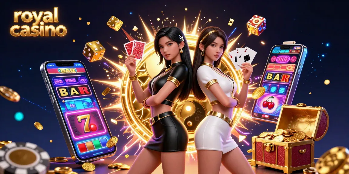 Experience the thrill at royal casino with stunning twin women, vibrant gaming symbols, and a jackpot explosion.