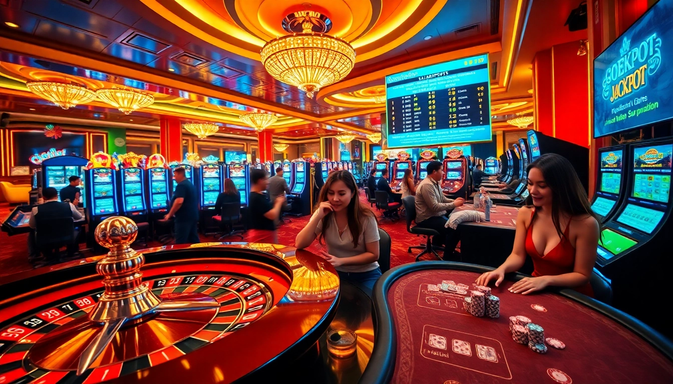 Gojekpot players enjoying high-stakes action amidst vibrant casino decor