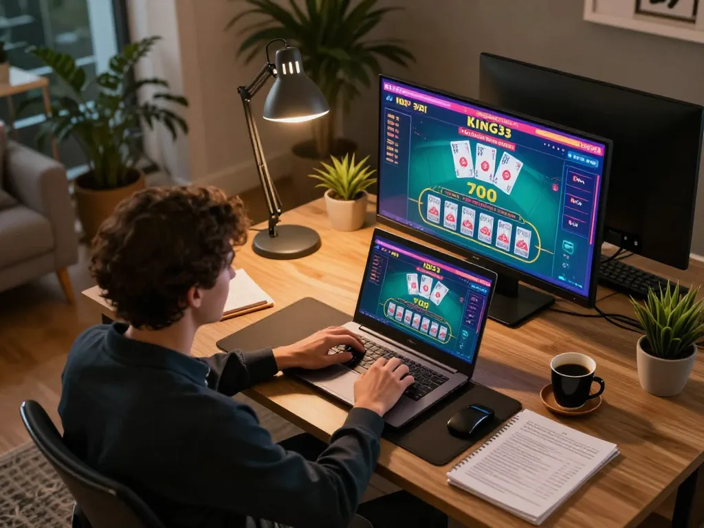 Engaging player using king33 online casino platform for blackjack gameplay from a stylish home office.