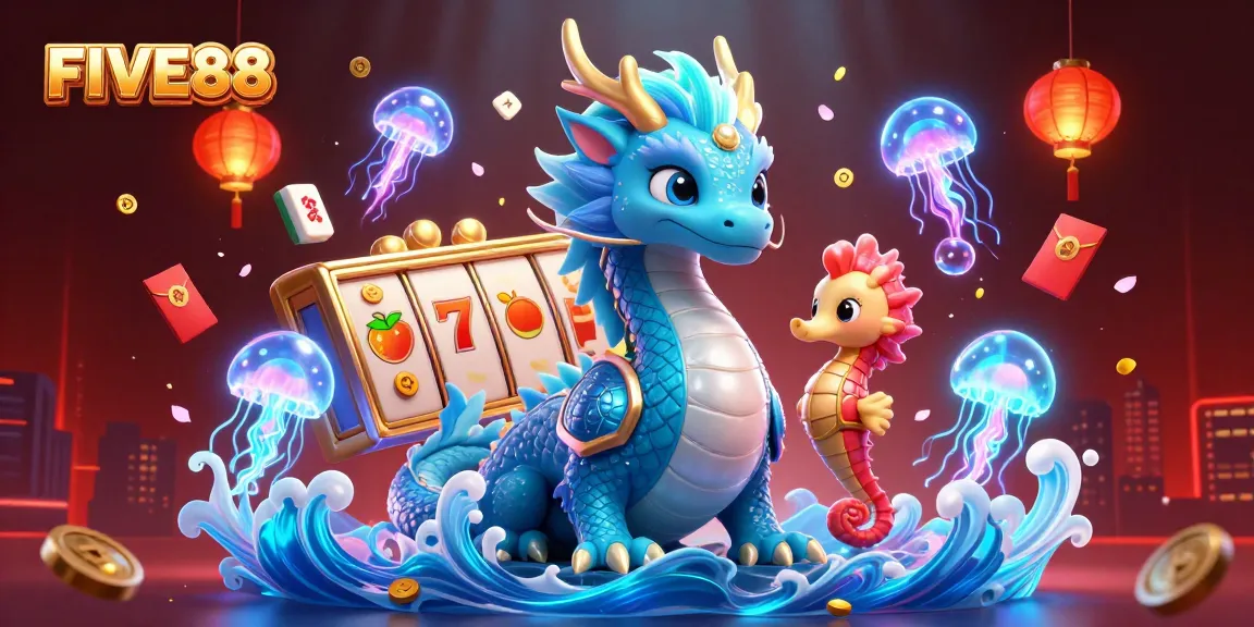 Engage with FIVE88's vibrant casino scene featuring a water dragon and glowing jellyfish.