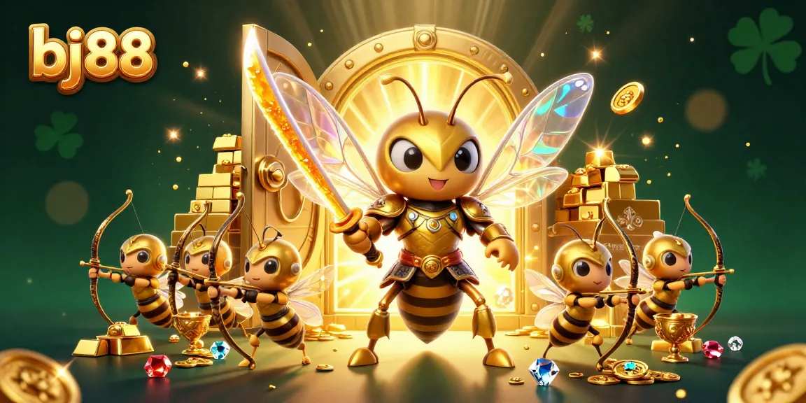 Bettors engage with bj88's vibrant casino atmosphere, highlighted by a golden hornet and treasure elements.