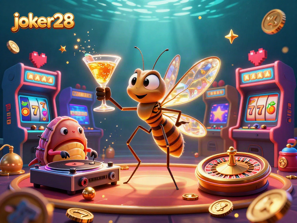 Experience excitement with joker28 as a cartoon mosquito mascot at a vibrant casino scene.