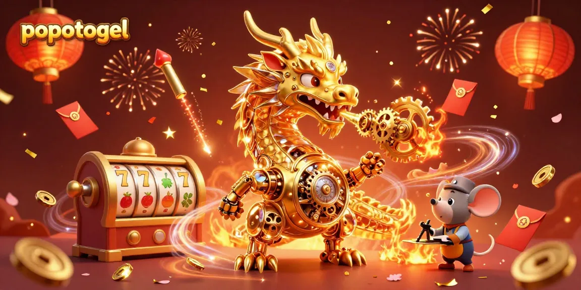 Explore popotogel's vibrant gaming universe with a biomechanical dragon and spinning slot reels.