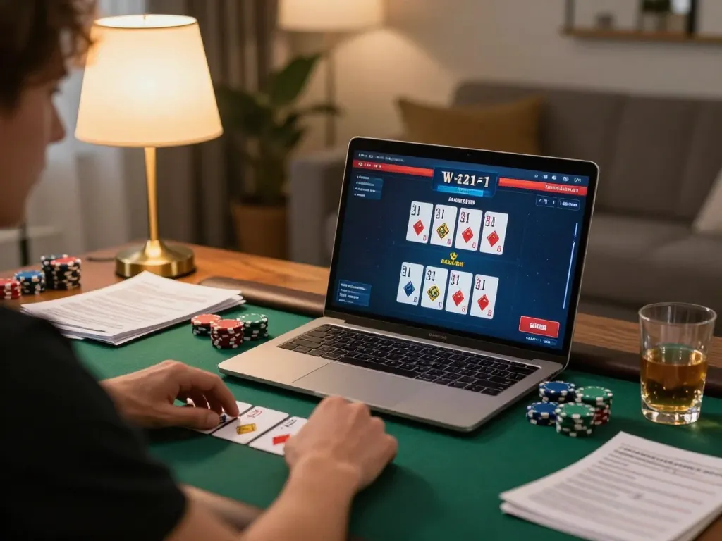 Player engaging with dn88 online poker game on a laptop in a cozy setting, showcasing dynamic gameplay.
