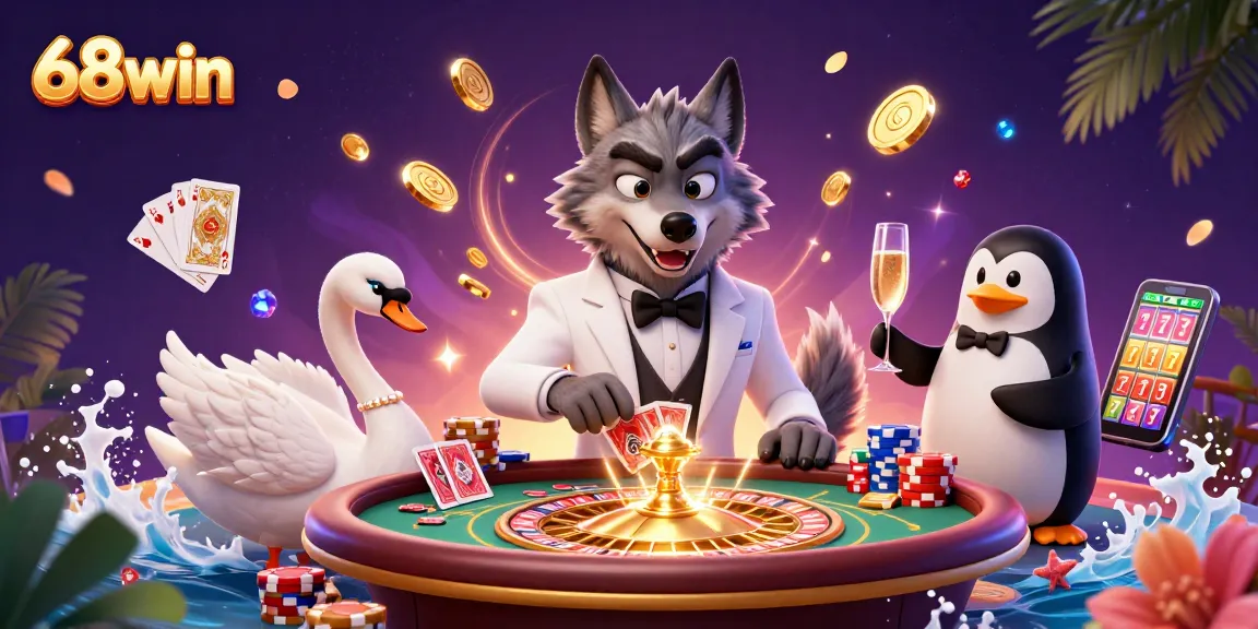 Engage in thrilling gameplay at 68win with stylish characters and dynamic elements around a baccarat table.