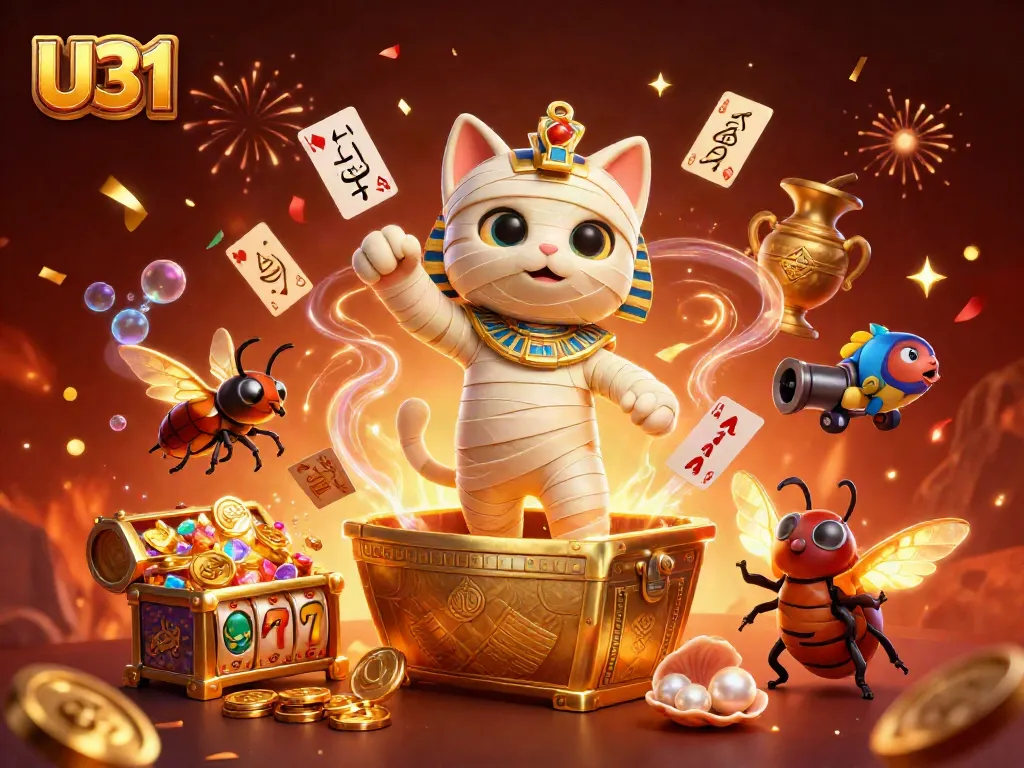 Experience thrilling gaming action at U31 with a cartoon mummy cat and treasure-filled slot reels.