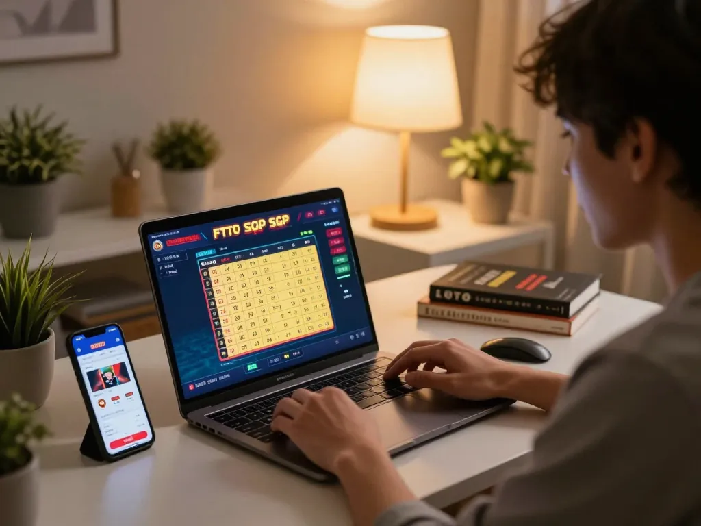 Engaging online gaming session showcasing toto sgp results on a laptop with warm home decor.