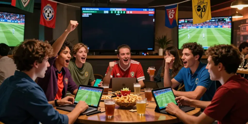 Excited fans engaging in live football betting activities at www.statymuzona.lt, surrounded by vibrant atmosphere and social interaction.