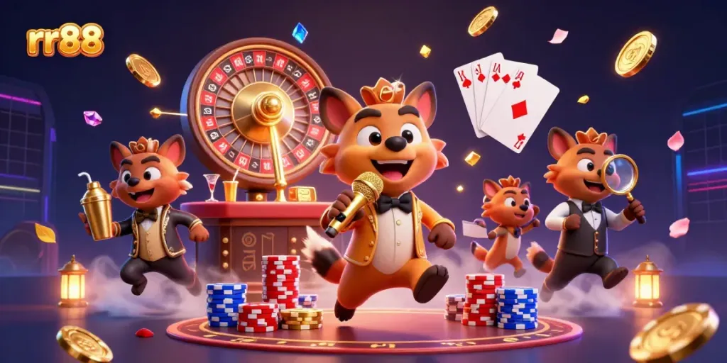 Engaging rr88 casino scene with comedic hyenas, golden coins, and dynamic roulette.