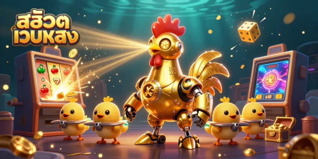 ภาพที่มีสล็อตเว็บตรง แสดงการผจญภัยของโรบอทไก่ทองแปลกตาพร้อมรายการสล็อตมากมาย