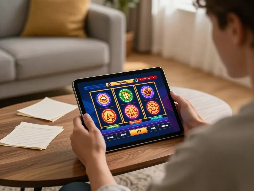 Engaging in online slot games on lc88 app from a cozy living room setting, surrounded by betting notes and warm lighting