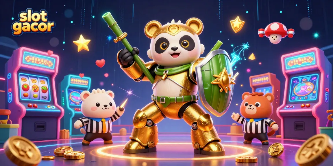 Permainan slot gacor dengan panda emas dan robot tempur, dikelilingi mesin arcade.