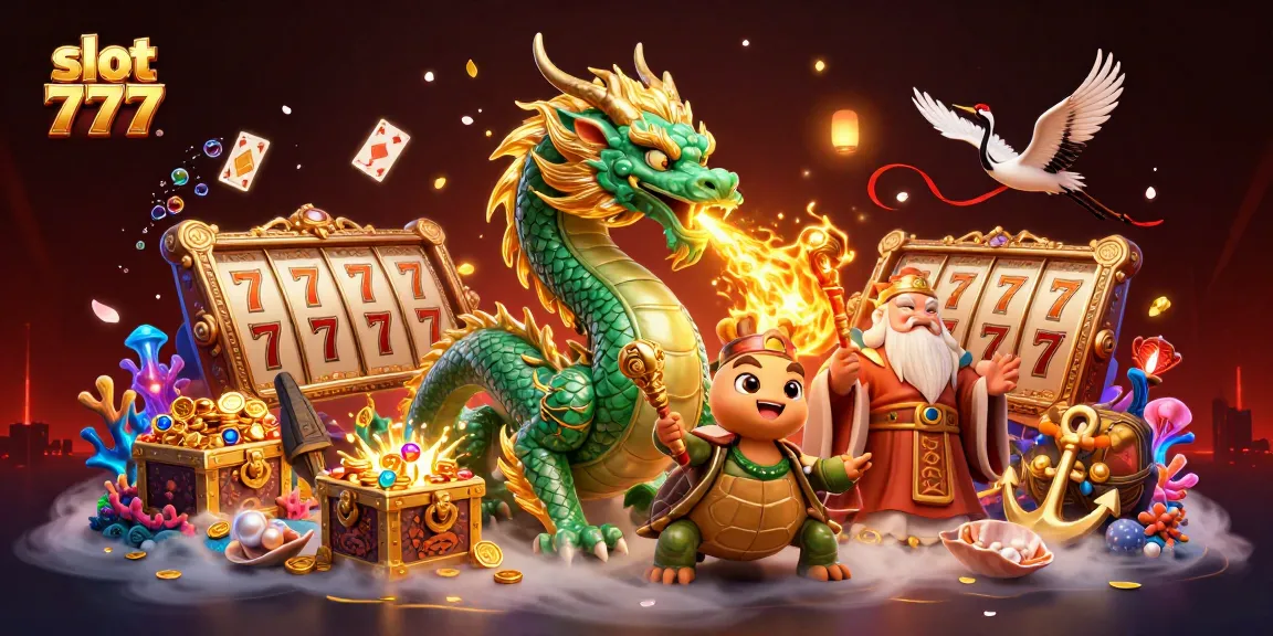 Spin the slot 777 reels with captivating characters and dazzling treasures in this vibrant illustration.