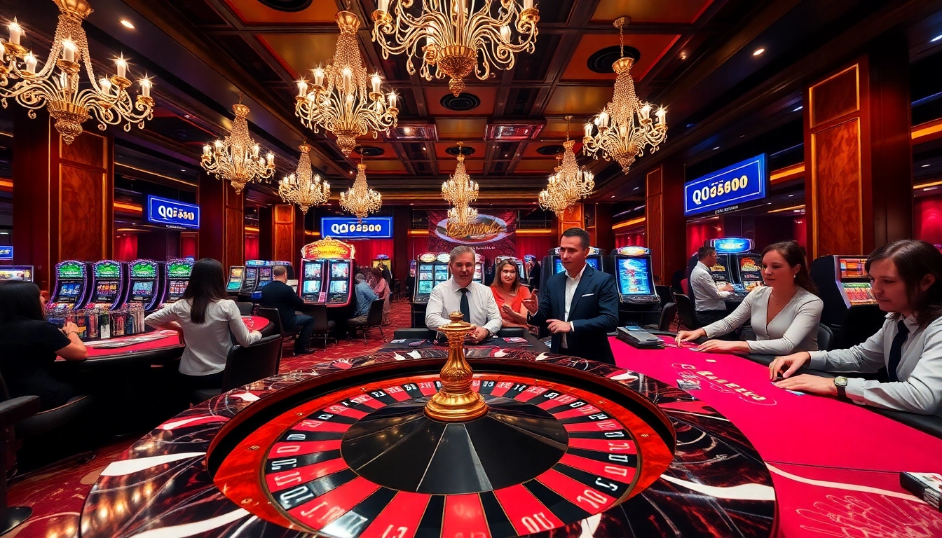 Players celebrating wins at a lively QQ888 casino table with roulette and blackjack.