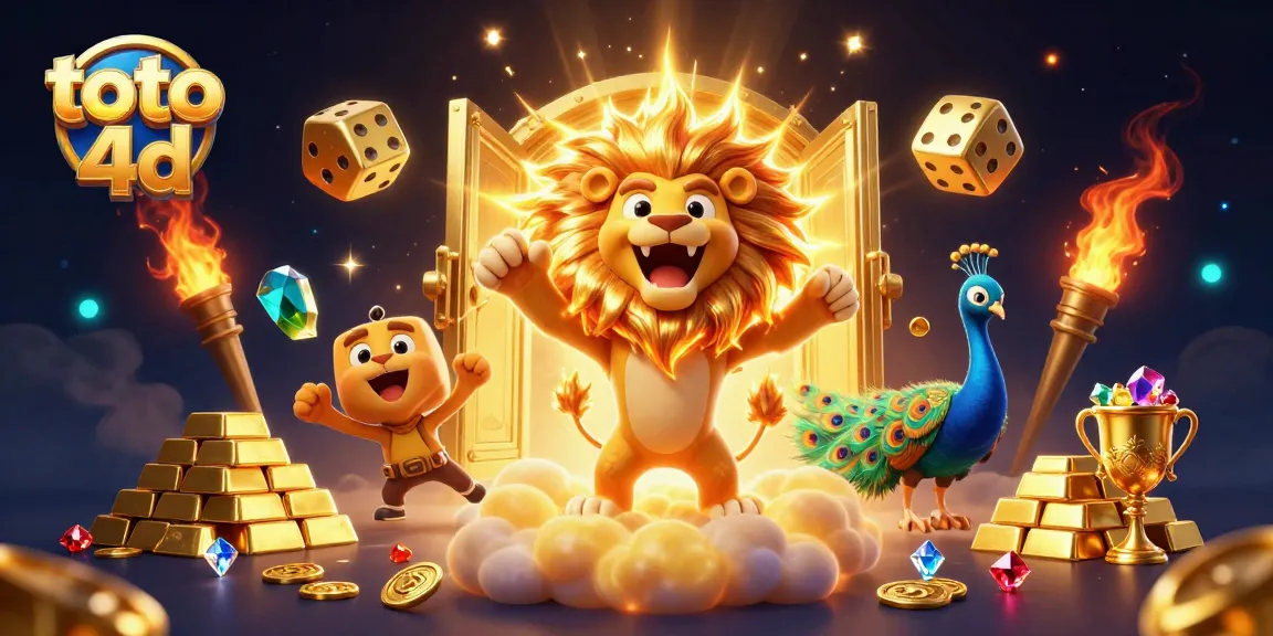 Experience the excitement of toto 4d with a vibrant 3D digital illustration featuring a roaring sun lion amidst golden treasures and dynamic game elements.
