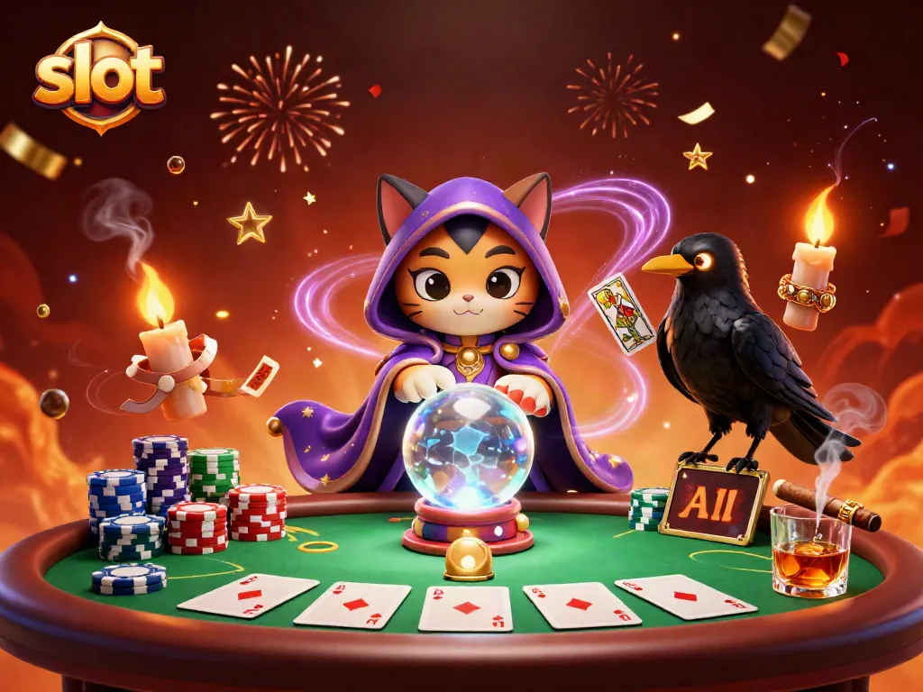 Permainan slot penuh semangat dengan kucing ramalan, burung gagak, dan lilin berapi, dalam suasana kasino yang meriah.