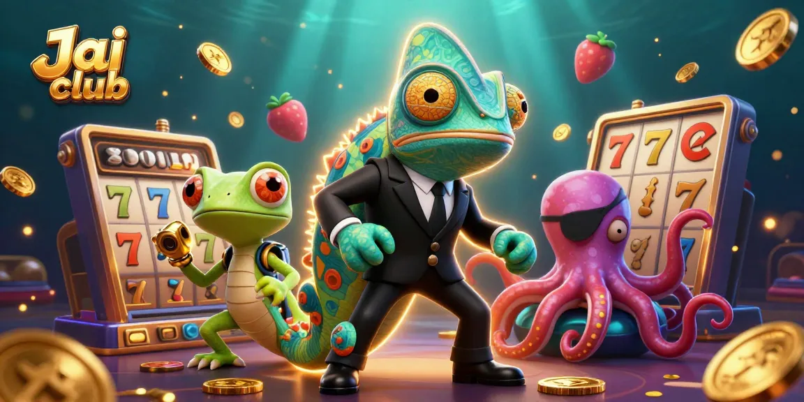 Win exciting rewards at Jai club with a dynamic illustration featuring casino symbols and characters in action.