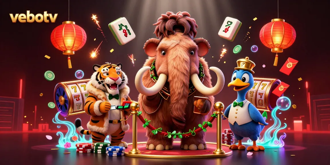 Engage with vebotv's vibrant casino scene featuring a woolly mammoth bouncer and slot games.